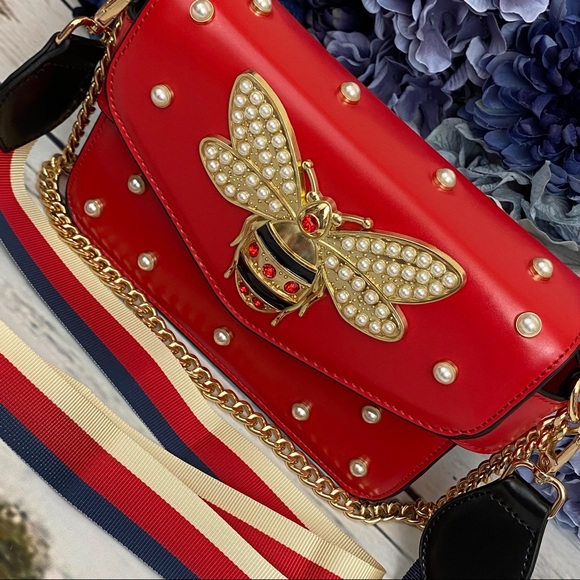 Beautiful Red Pearl Studded Bee Crossbody Purse - Picture 5 of 16